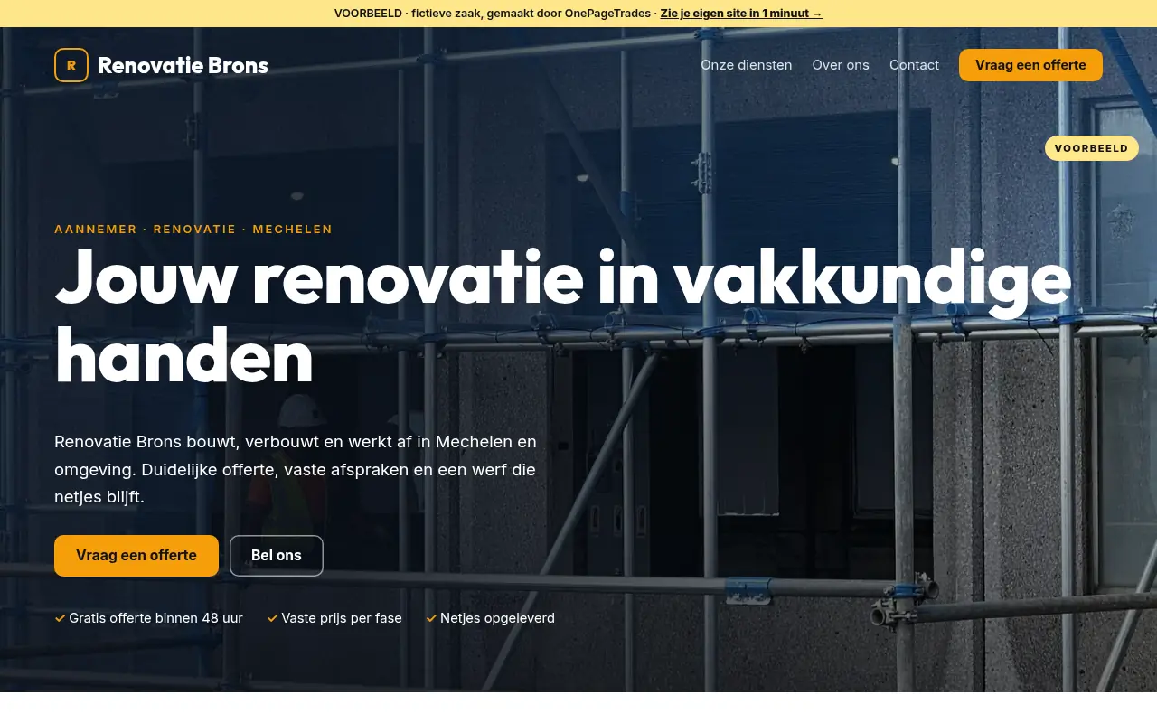 Voorbeeldsite van OnePageTrades (fictieve zaak)