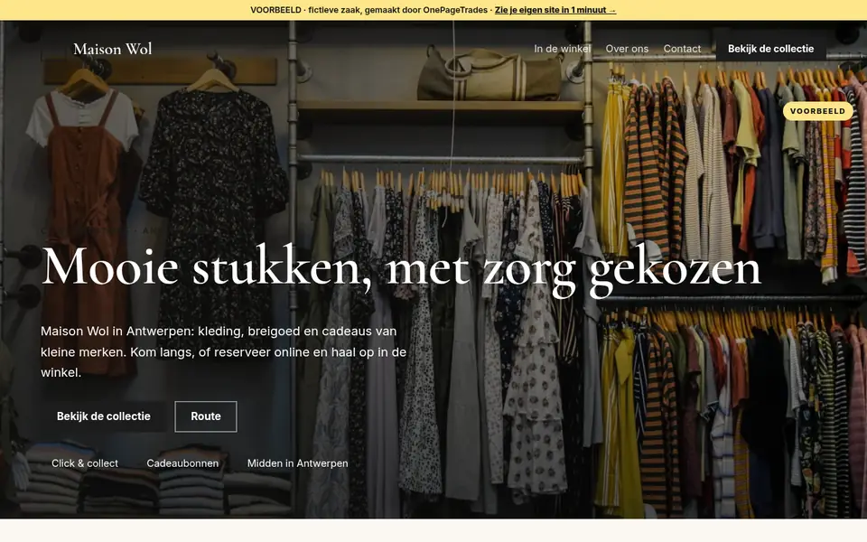 Voorbeeldsite voor een winkel / boetiek (fictieve zaak Maison Wol)